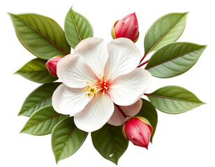 Obraz premium Elegant White Camellia Blossom with Pink Buds and Green Leaves
