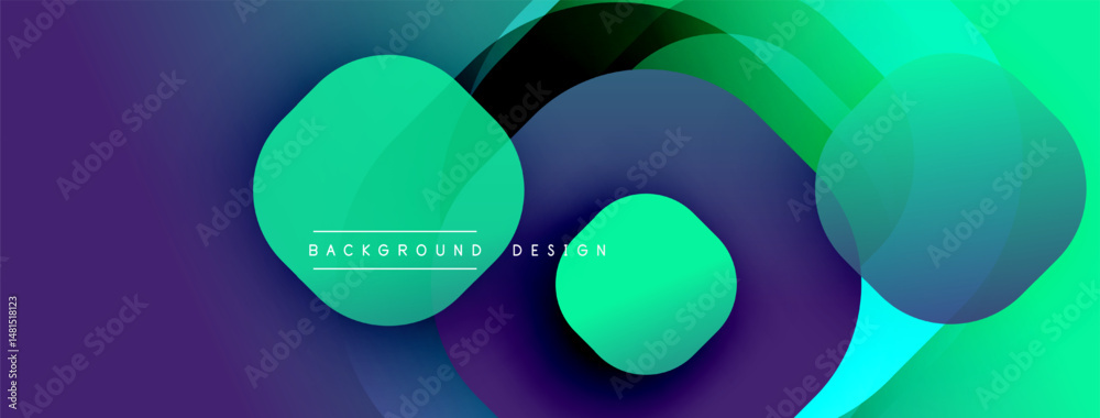 Poster Abstract gradient circles overlap purple, turquoise hues. Modern design elements create dynamic visual effect. Background text reads background design.