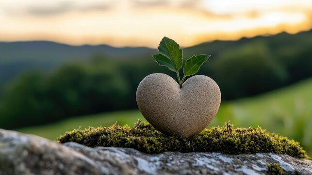 A heart shaped stone with plant growing on top of moss