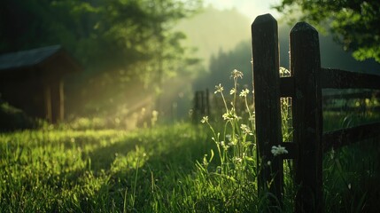 A wooden fence with vibrant flowers in a sunlit meadow