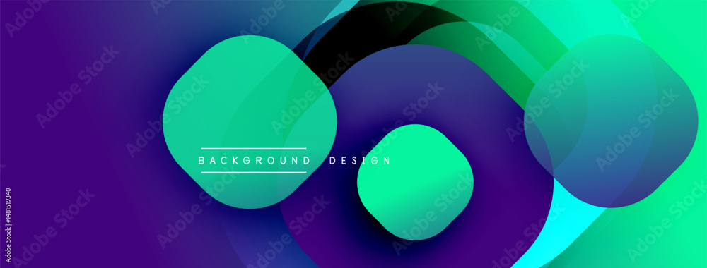 Poster abstract vibrant circles overlap purple, green hues. modern design suggests fluidity, energy, dynami