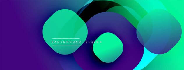 Abstract vibrant circles overlap purple, green hues. Modern design suggests fluidity, energy, dynamic composition. Background text reads background design.