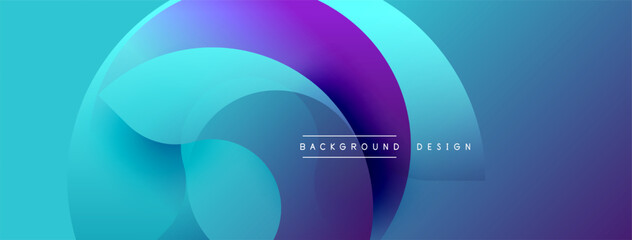 Abstract shapes overlap, creating vibrant blue, purple gradients. Modern design elements suggest technology, innovation. Minimal text present.