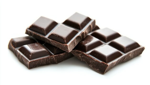 A sleek bar of dark chocolate with distinct squares is presented on a pristine white background in a flat lay composition, captured in high-resolution product photography for a hyper-realistic effect.