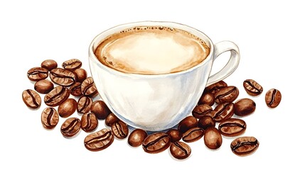 Hand-painted illustration of coffee cup and beans.
