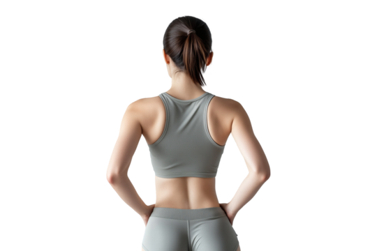 Back View of Athletic Woman in Grey Sportswear on Transparent Background