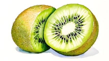 Fototapeta premium Two kiwi fruit halves, meticulously drawn in watercolor.