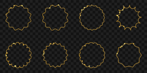 Set of round gold frame with glitter and stars. Golden light ring on transparent background. Abstract backdrop for award or celebration design.