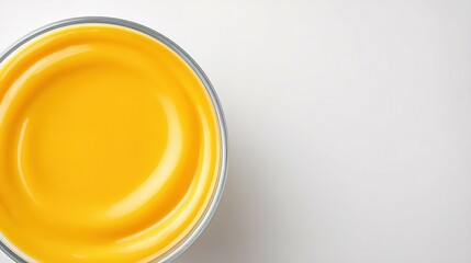 Close-up view of a round, yellow, smooth substance in a glass dish.