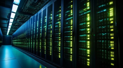 Modern data center background: server racks with glowing lights network infrastructure for cloud computing and data storage