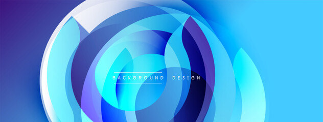 Abstract blue design features layered circular shapes. Gradient colors create dynamic visual effect. Modern, clean aesthetic.