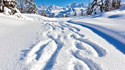 Snowy Mountain Winter Landscape with Deep Footprints