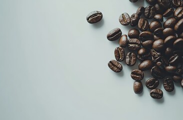 Roasted coffee beans scattered on white background