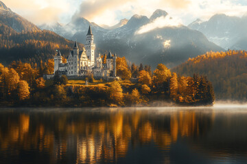 Fototapeta premium A beautiful castle on the shore of an autumn lake, surrounded by forest and mountains, with golden light from behind