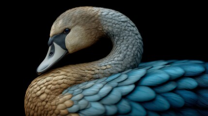 Fototapeta premium Elegant Swan Portrait Blue Brown Feather Detail Artistic Bird Image