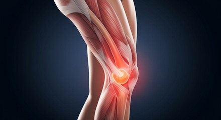Anatomical illustration of a knee joint with highlighted inflammation