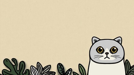Cute Cartoon Cat Illustration with Tropical Leaves  Beige Background  Copy Space