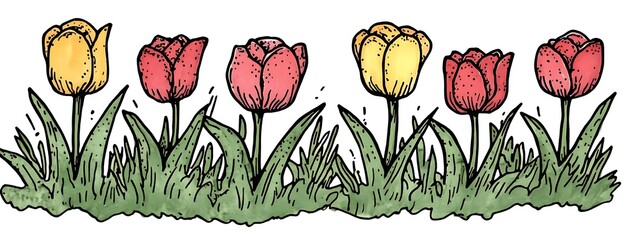 Colorful tulips in grass; spring garden