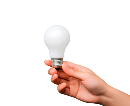 A hand holding a light bulb symbolizes a bright idea or creative solution isolated on transparent background