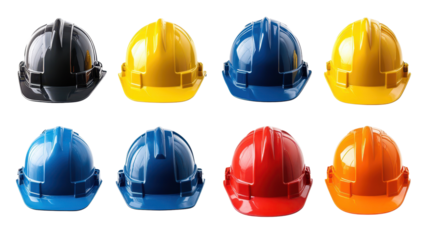set of fireman and hard safety helmet cap hat in different color styles for construction sites, isolated on a white transparent background