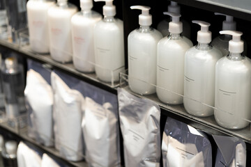 Refill to reduce plastic waste. soap or shampoo for refill. plastic bottles for refill liquid soap,...