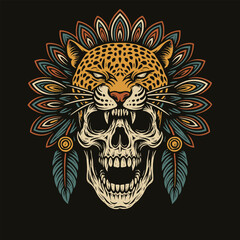 Skull Wearing Leopard Headdress with Colorful Feathers and Ethnic Accents