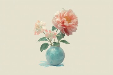 Delicate pink peonies in a teal vase, a still life study.