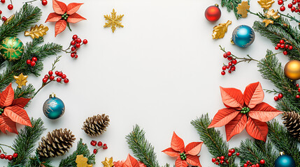 Christmas frame with fir branches and cones forms a festive winter holiday border
