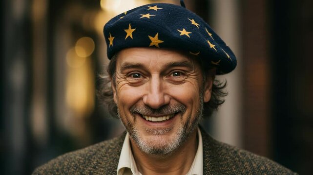 A smiling man with a beret adorned with stars, captured in a warm portrait.