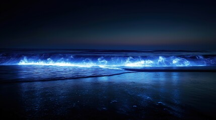 Bioluminescent waves glow electric blue under night sky, a mystical marine wonder