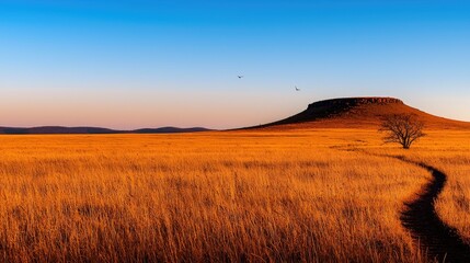 Obraz premium A scenic landscape shows a path through dry fields and hills