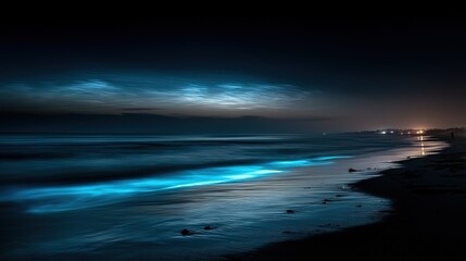 Bioluminescent waves glow electric blue under night sky, a mystical marine wonder
