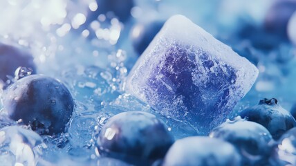 Frozen Blueberry Cube Melting in Icy Water