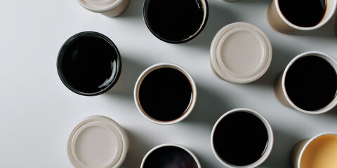 Artistic overhead shot of take-away coffee cups with diverse black brews, minimalist style for branding or cafe menu use