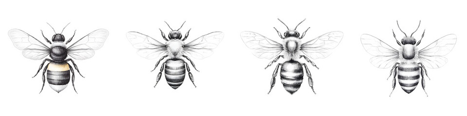 Obraz premium Realistic, detailed illustrations of bees in various poses, showcasing their intricate wings, fine hairs, and unique characteristics for educational and decorative use.