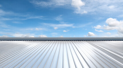 Obraz premium Clean metal sheet rooftop under bright daylight, blue sky with soft white clouds in the background, modern industrial architecture concept