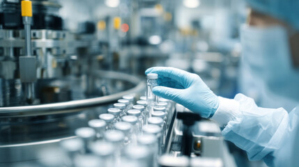 Close-up of pharma lab worker inspecting vial samples on production line, advanced machinery and sterile conditions in background