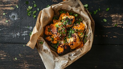 Simple street food in paper wrapping on a wooden table.