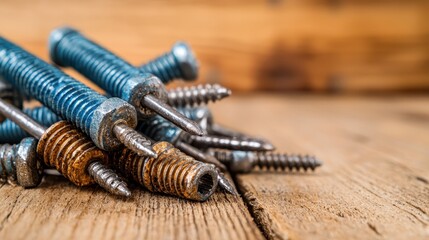 Blue and Gold Screws and Nails on Rustic Wooden Background