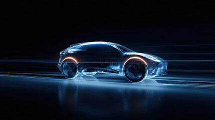 Conceptual render of electric vehicle with integrated motion lighting, dark ambient background highlighting innovation and movement