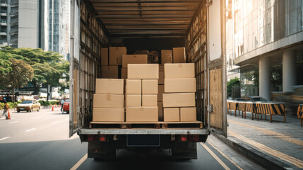 Delivery truck parked on busy urban street, rear door open showing neatly stacked cardboard boxes inside, modern logistics concept