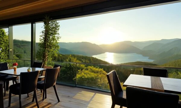 Unoccupied restaurant with a lovely natural scene