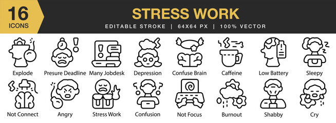 Naklejka premium Stress Work icon set. Editable Stroke Icon Collection. Includes stress, business, office, job, tired, work, person, and More. Outline icons vector collection.