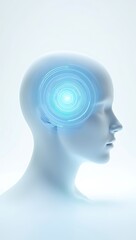 Fototapeta premium A minimalist holographic interface of a human head silhouette with a glowing spiral inside the brain area, representing mental health, cognition, and mindfulness on white background.