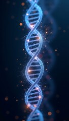A glowing DNA double helix with digital code streams flowing along its strands, surrounded by molecular nodes and neural sparks, symbolizing biotech and genomics.

