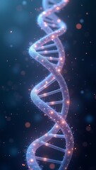 A glowing DNA double helix with digital code streams flowing along its strands, surrounded by molecular nodes and neural sparks, symbolizing biotech and genomics.

