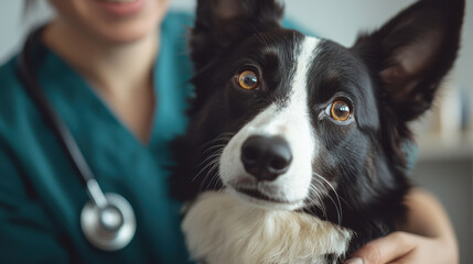 A veterinarian examining a pet, A close-up of a happy dog with a caring vet, showcasing the bond between pets and their caregivers in a comforting environment.