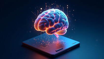 A 3D isometric brain made of glowing circuit lines and microchips, hovering above a tech platform with dynamic energy pulses, symbolizing artificial intelligence and deep learning innovation.


