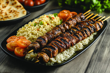 A platter of traditional Turkish kebab, chicken shawarma, and künefe with rice on a wooden table in the restaurant