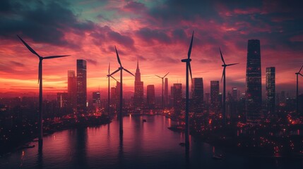 Naklejka premium Futuristic Cityscape Wind Turbines Skyline at Sunset